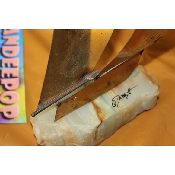 Vintage Pair Brass Metal Steel Onyx Sailboat Sculptures DeMott And Mario Jason - Picture 8 of 16